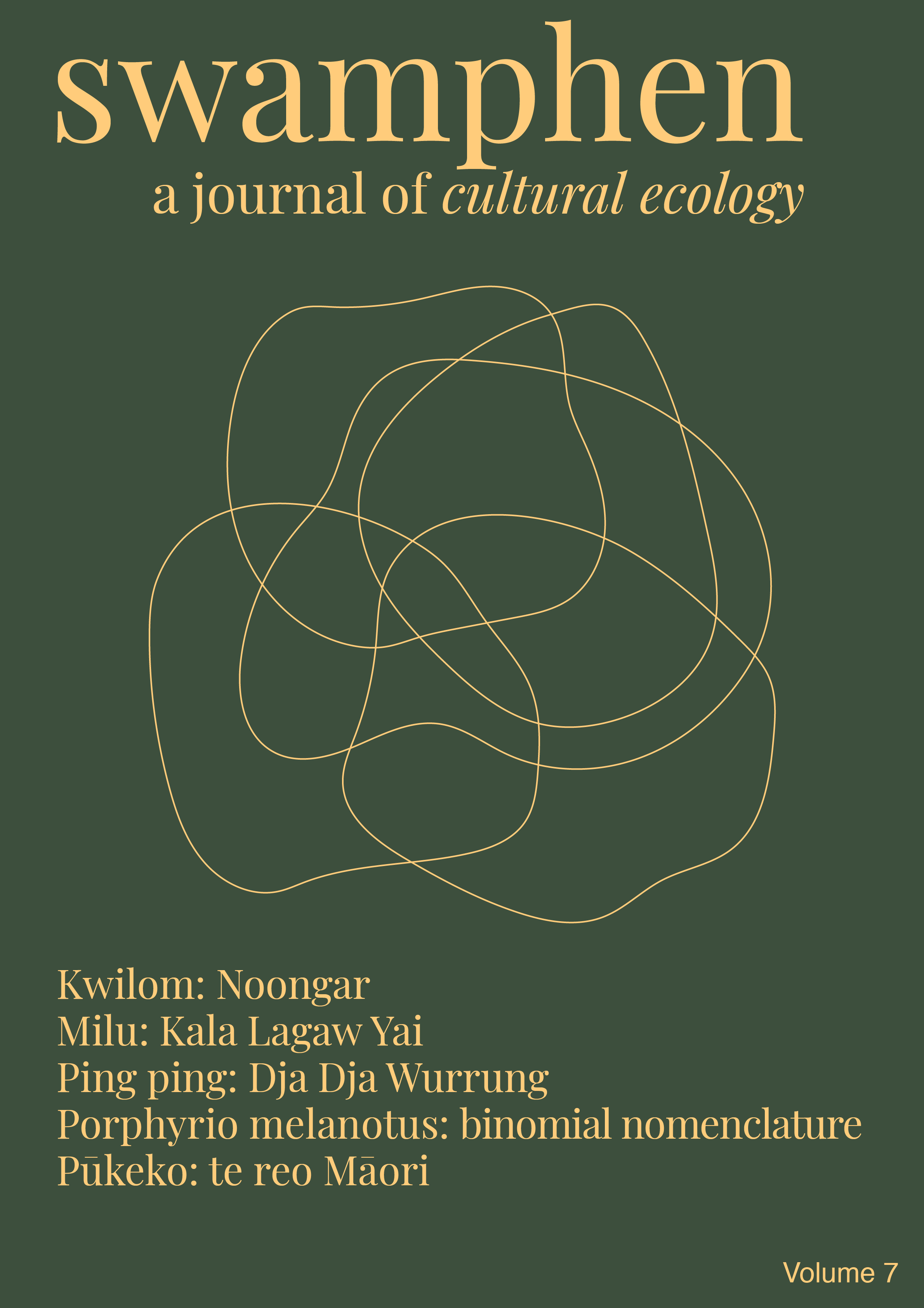 Swamphen: A Journal of Cultural Ecology Kwilom: Noongar  Milu: Kala Lagaw Yai  Ping ping: Dja Dja Wurrung  Porphyrio melanotus: binomial nomenclature  Pūkeko: te reo Māori